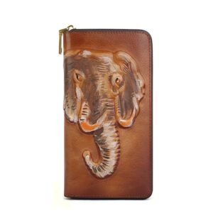 Brown Leather Elephant Embossed Zip Wallet