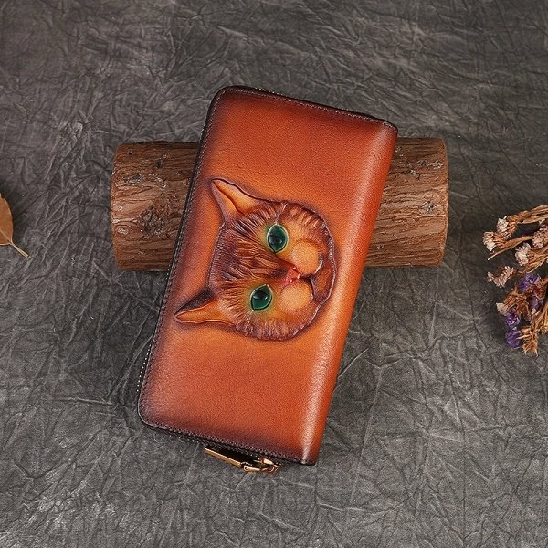 Brown Leather Cat Embossed Zip Wallet - Image 3