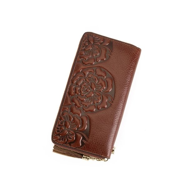 Brown Floral Embossed Leather Wristlet Wallet - Image 5