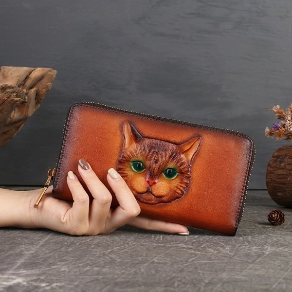 Brown Leather Cat Embossed Zip Wallet - Image 2