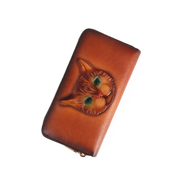 Brown Leather Cat Embossed Zip Wallet