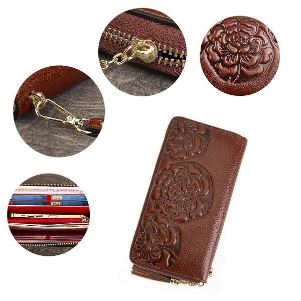 Brown Floral Embossed Leather Wristlet Wallet - Image 4