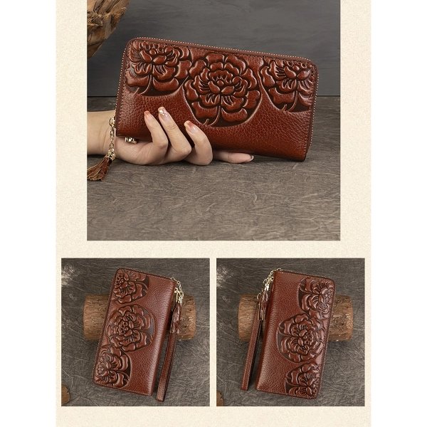 Brown Floral Embossed Leather Wristlet Wallet - Image 3