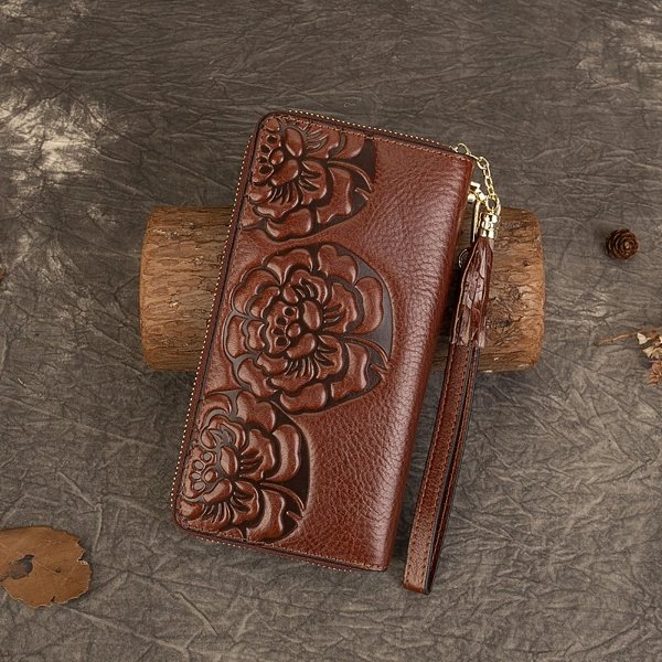 Brown Floral Embossed Leather Wristlet Wallet - Image 2