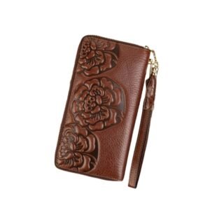Brown Floral Embossed Leather Wristlet Wallet