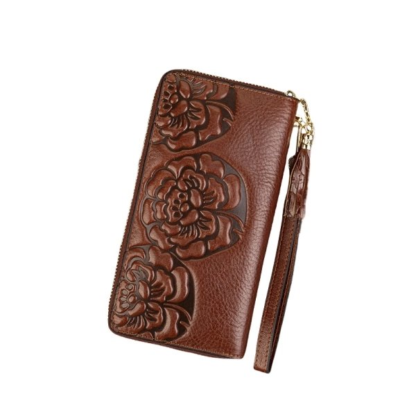 Brown Floral Embossed Leather Wristlet Wallet